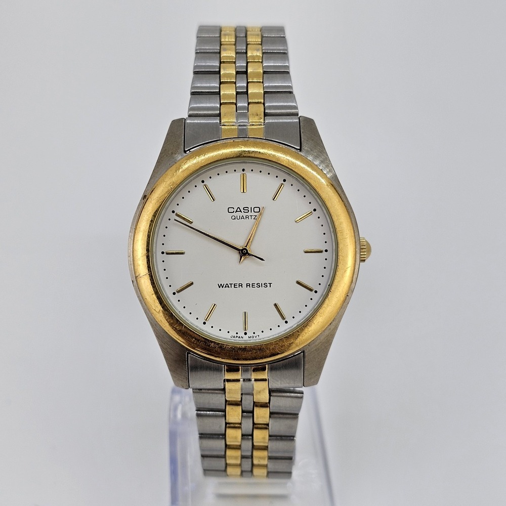 VTG Casio Men's Watch 36MM White‎ Dial Two Tone Bracelet Band 7.5" New Battery